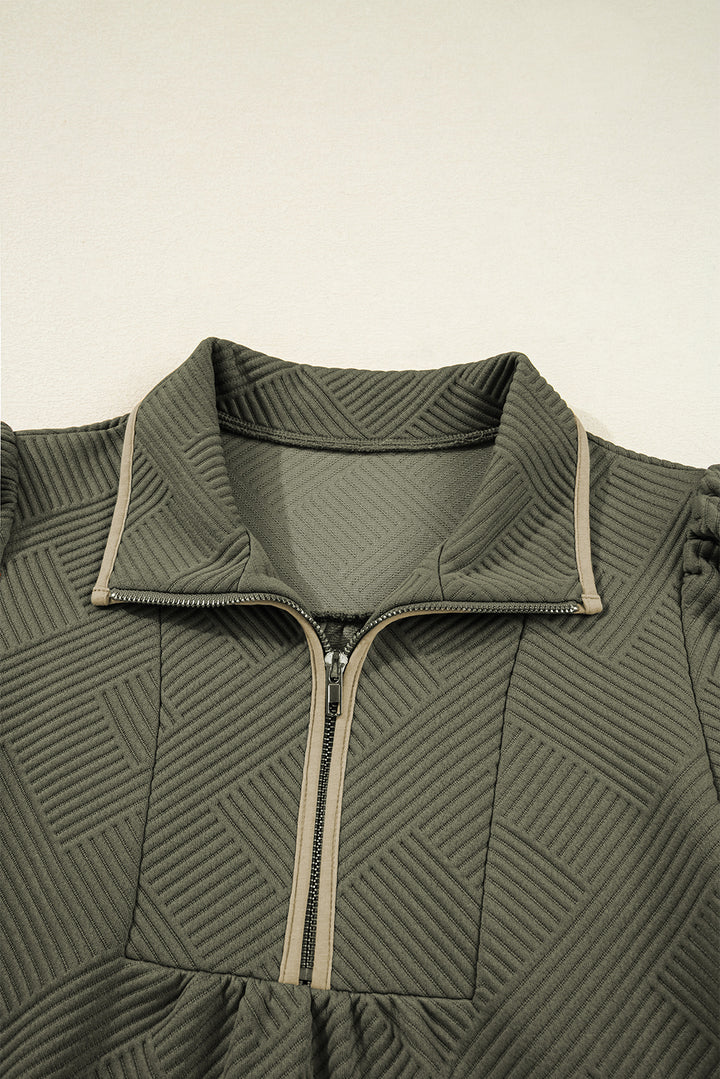 Jungle Green Quarter Zip Collar Bracelet Sleeve Textured Mini Dress