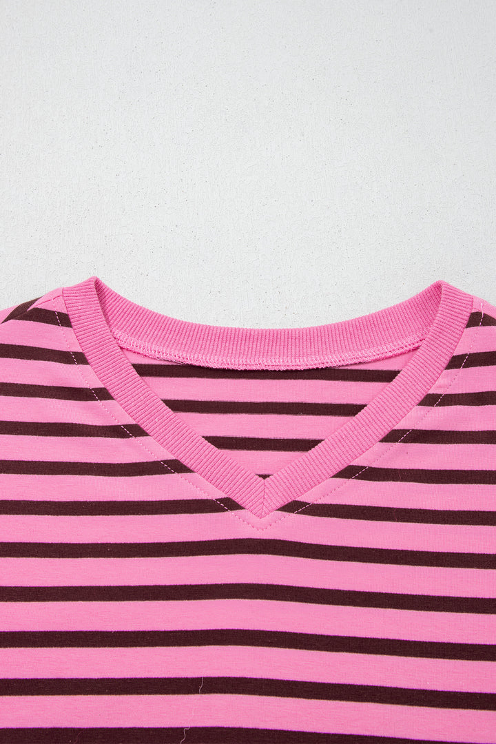 Pink Stripe V Neck Drop Shoulder Long Sleeve Top