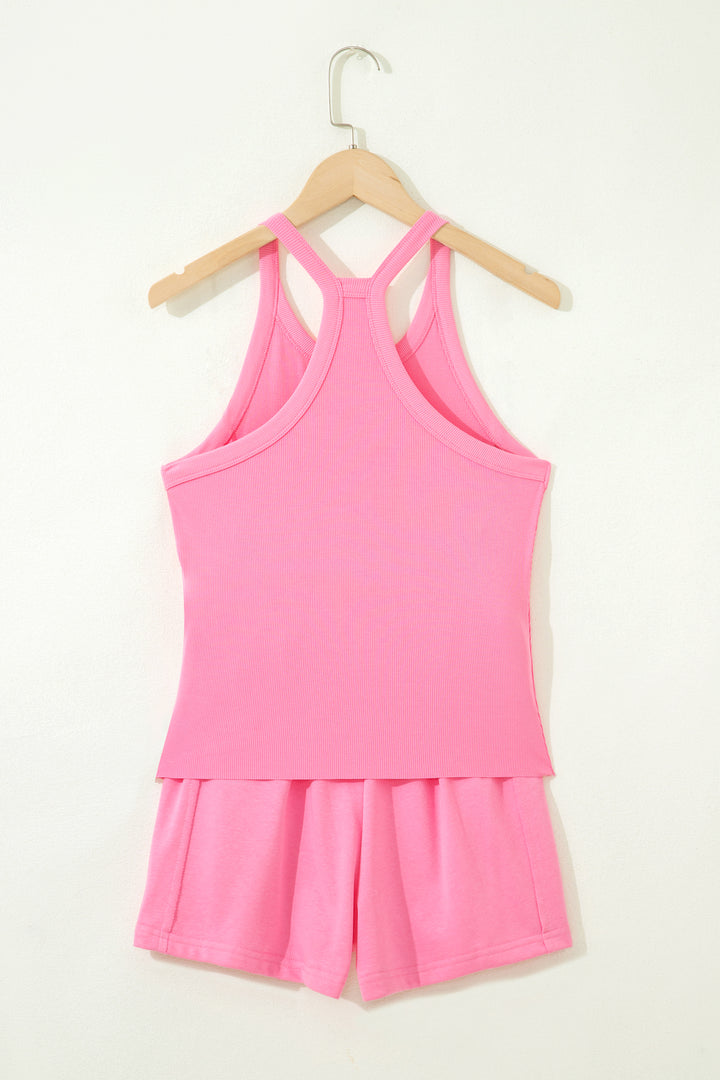 Sachet Pink Slim Tank Top Elastic High Waist Shorts 2pcs Outfit