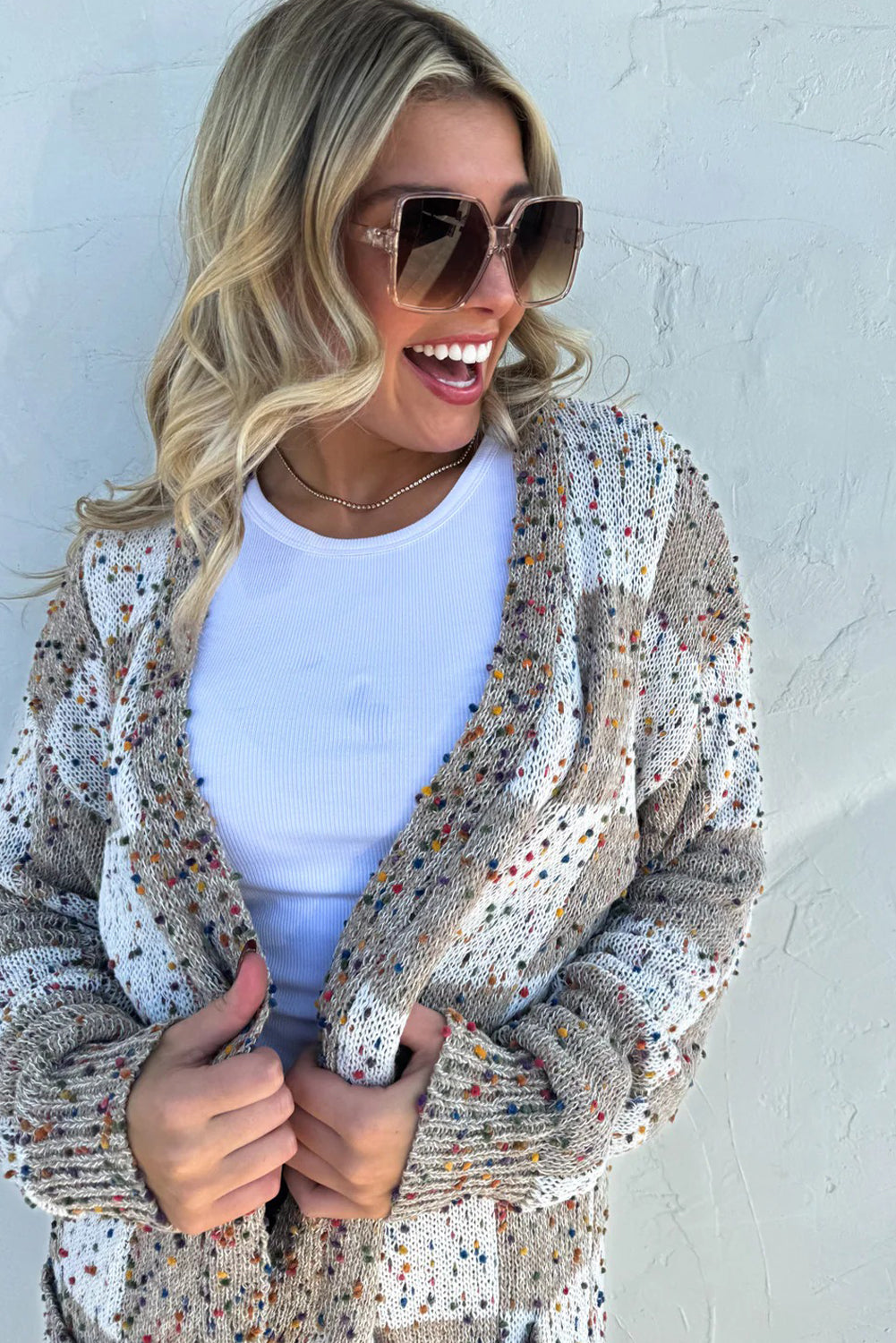 Brown Confetti Dot Checkered Print Open Cardigan with Pockets