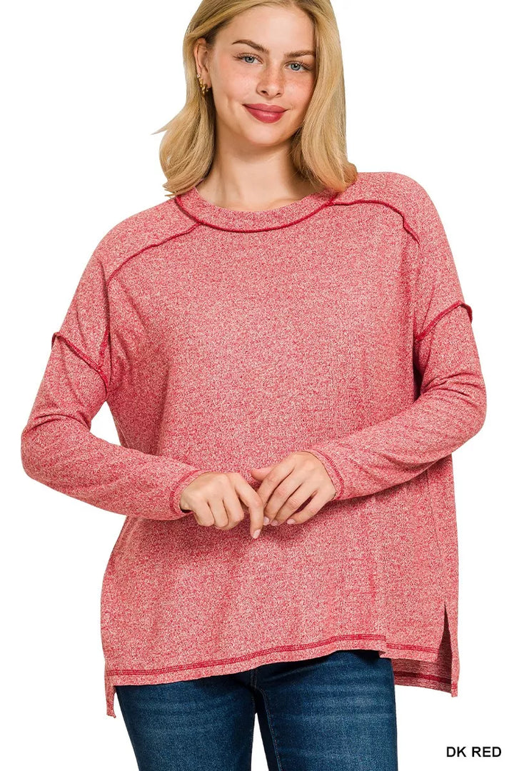 Zenana Full Size Melange Hacci Exposed Seam Hi-low Tee Plus Size