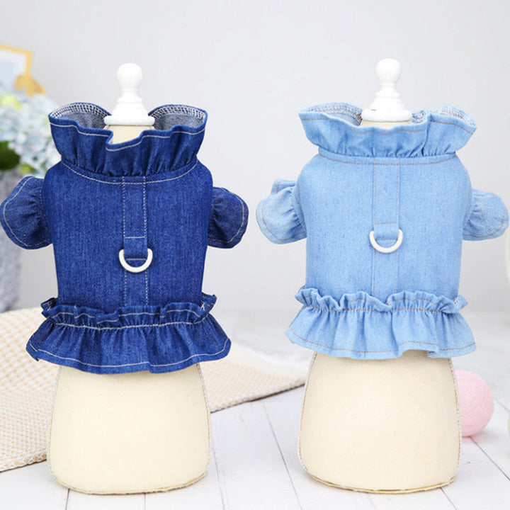 Pets Jeans Dress Apparel Dog Ruffles Vest Pet Harness Denim Dress Puppy Blue Jeans Clothes Cat Dogs Leash Hook Chest Back Dress