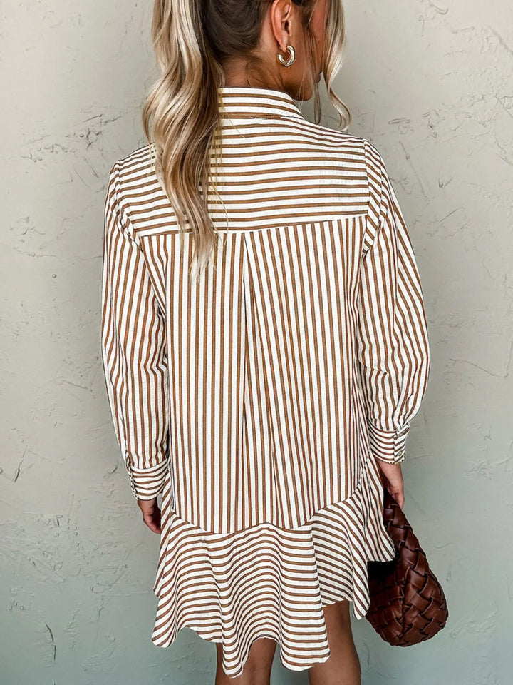 Stripe Ruffled Hem Collared Long Sleeve Shirt Mini Dress