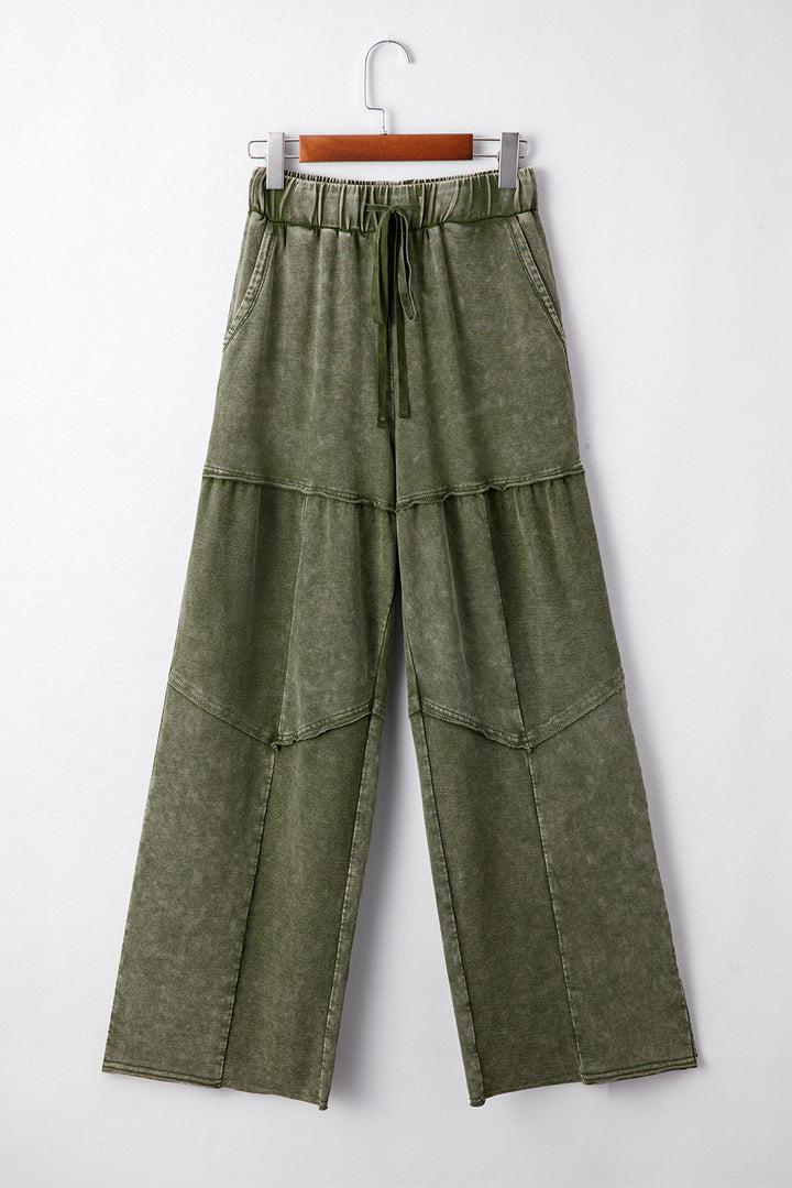 Vineyard Green Mineral Wash Tiered Wide Leg Patchwork Drawstring Pants