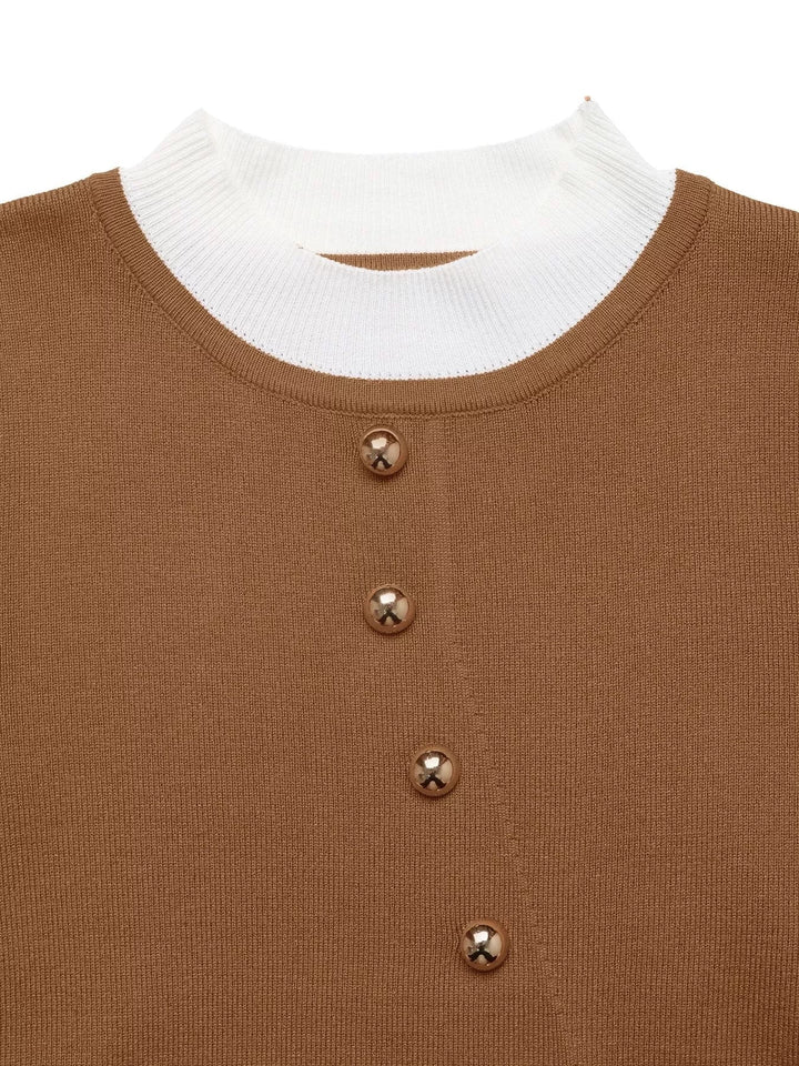 Decor Button Contrast Hem Knit Top