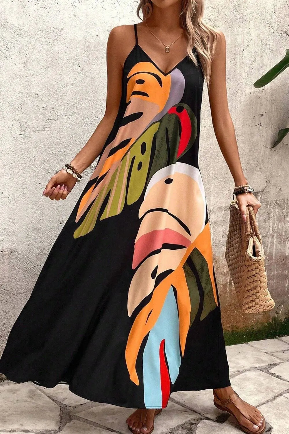 Tropical Leaf Print V-Neck Maxi Cami Dress