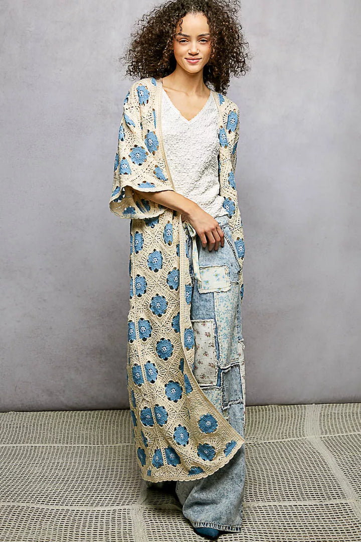 POL Open Front Floral Crochet Longline Cardigan