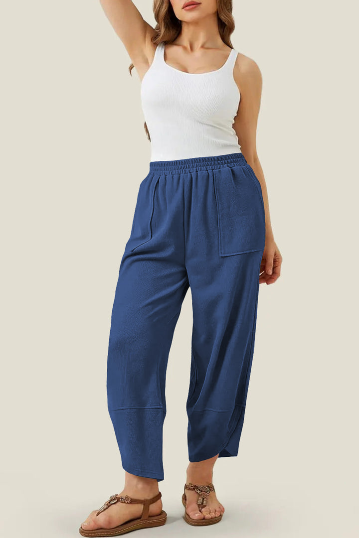 Sail Blue Plus Size Elastic Waist Asymmetrical Hem Loose Capris Pants