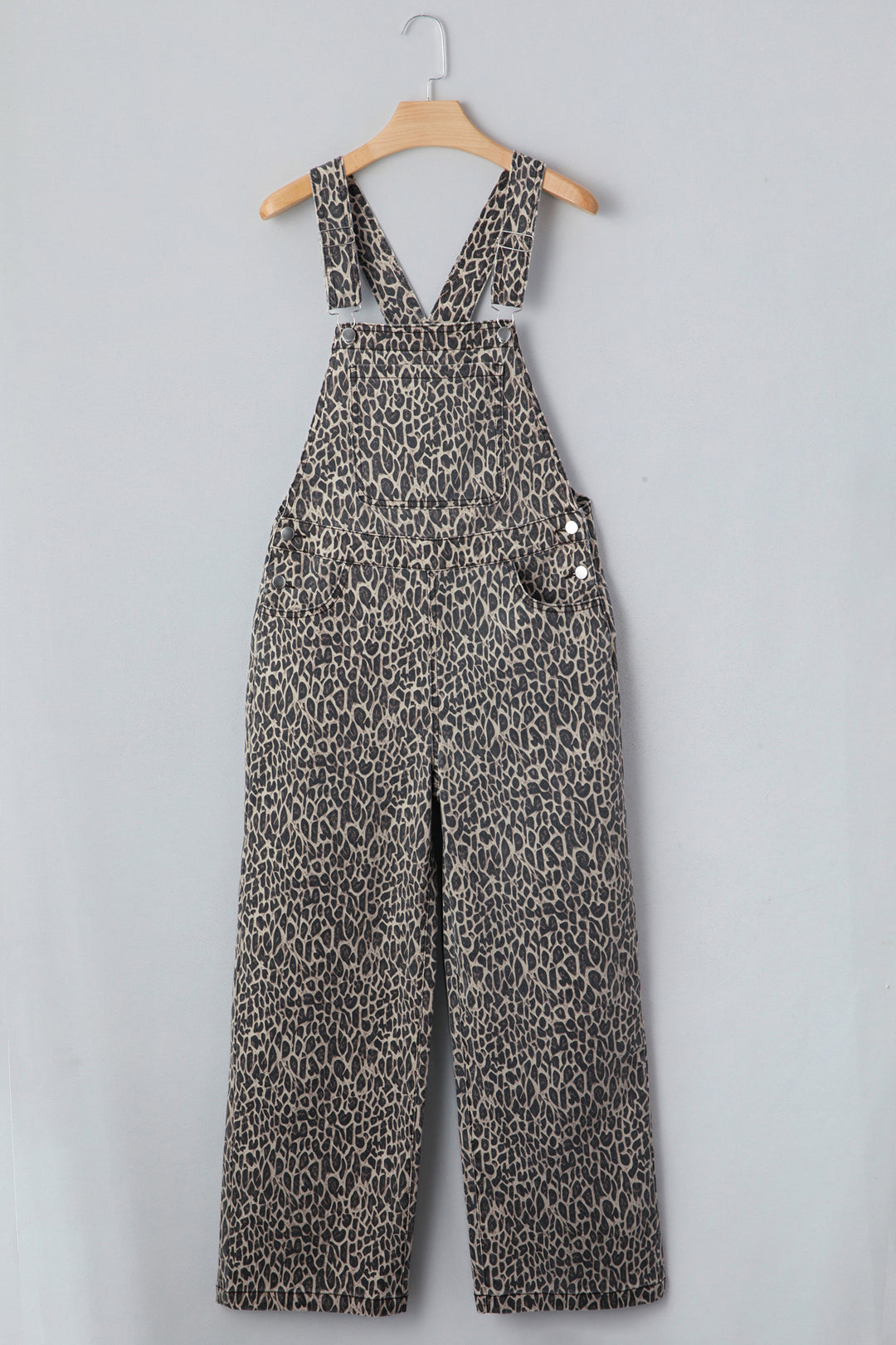 Brown Leopard Print Straight Leg Loose Denim Overall Jumpsuit