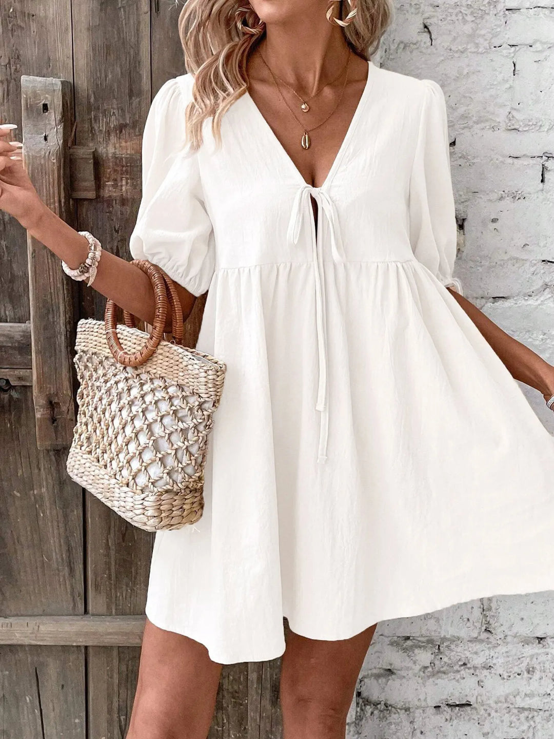 V-Neck Tie-Front Mini Dress with Puff Sleeves