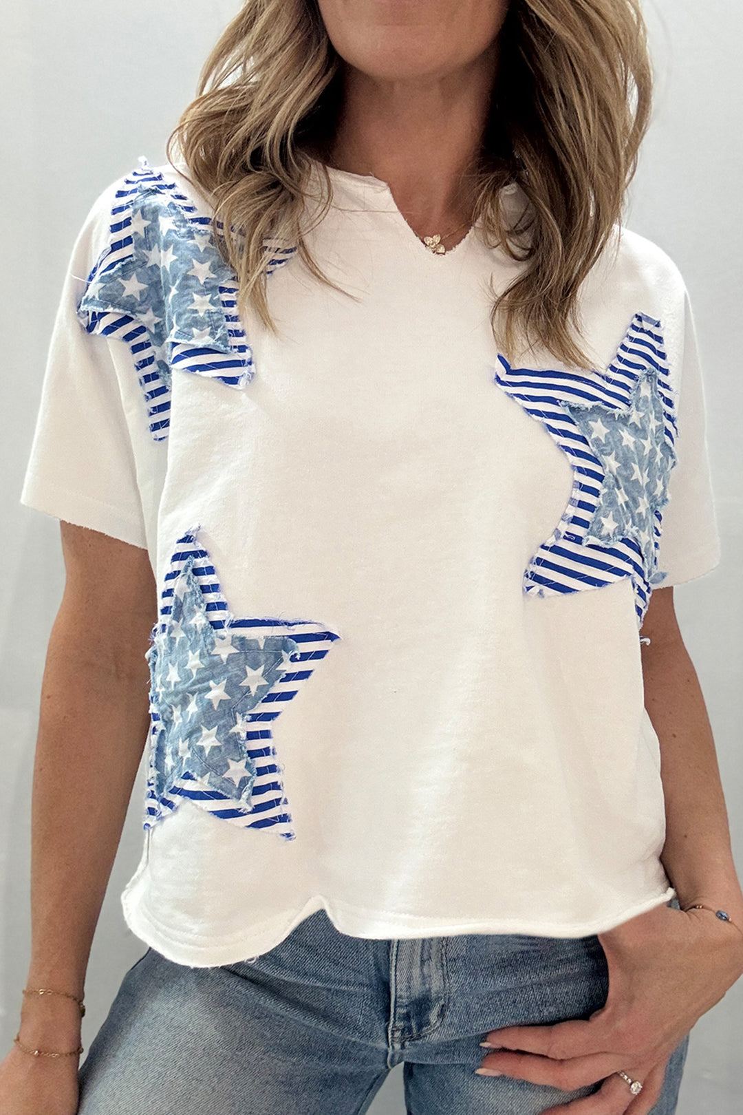 White Patriot Star Patched Notched Neck Mineral Washed Tee