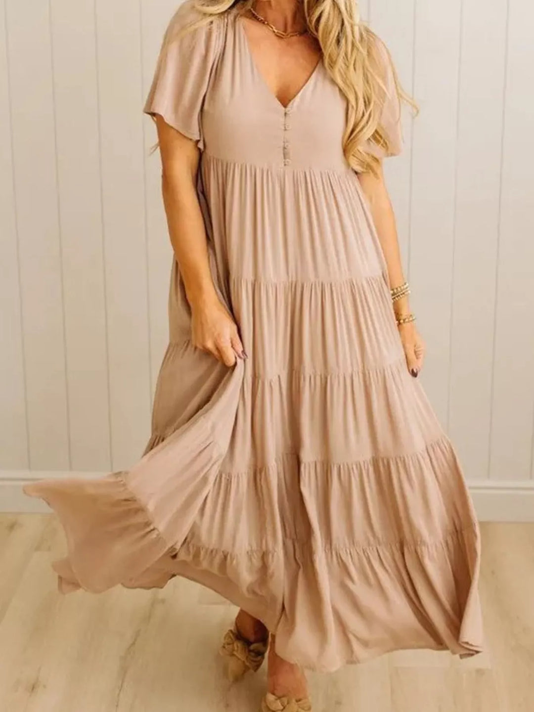 V-Neck Tiered Midi Dress