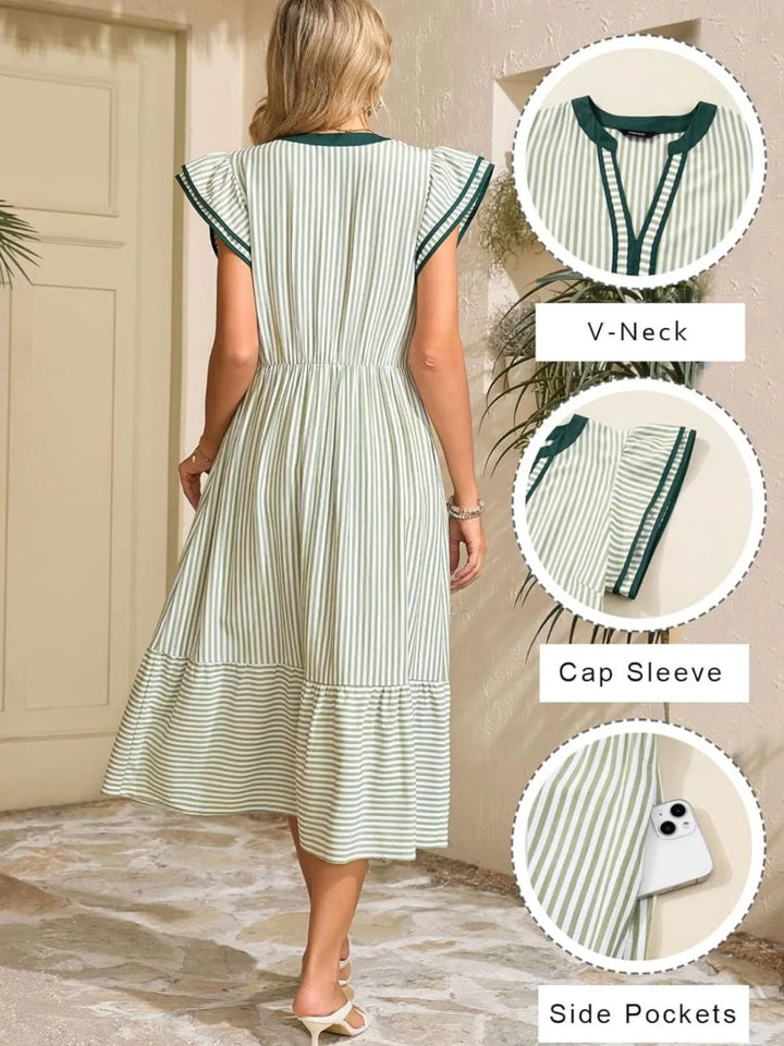 Striped Ruffle Sleeve Midi Dress