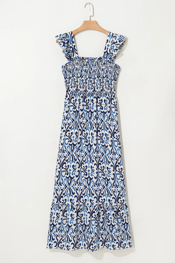 Smocked Printed Square Neck Dress