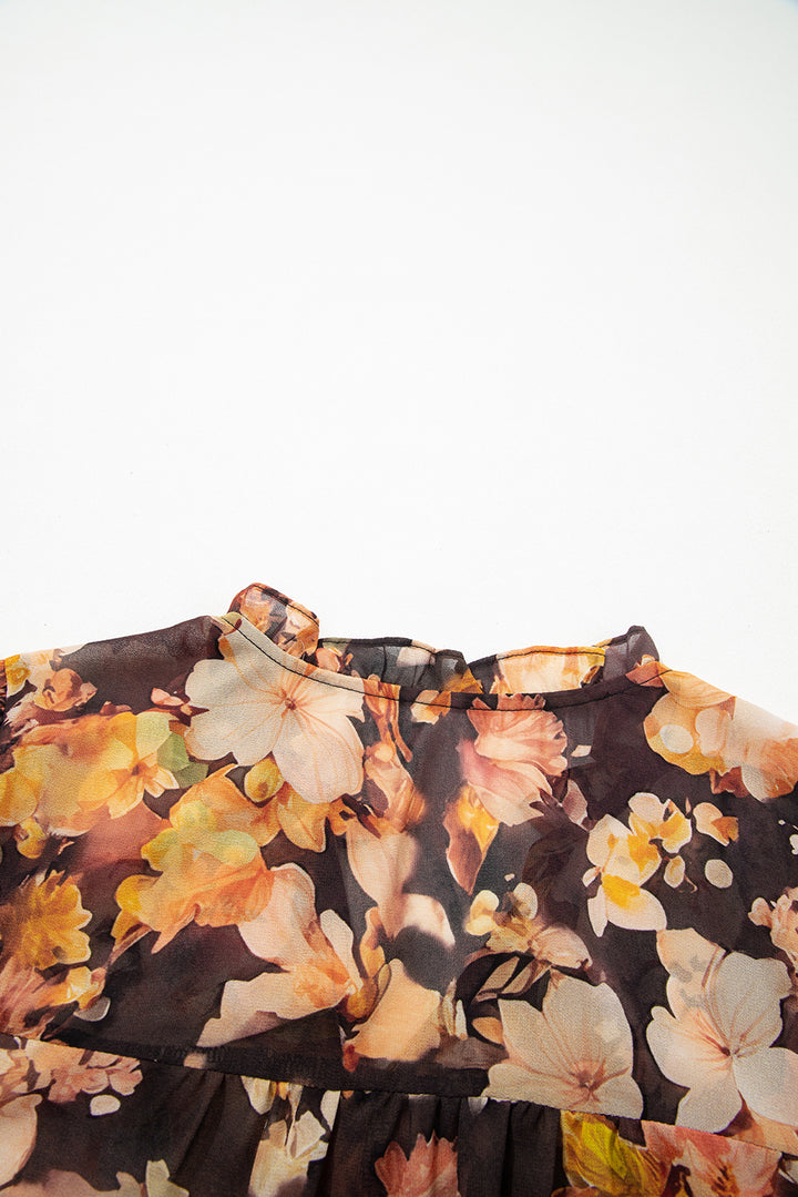 Black Floral V Neck Long Puff Sleeve Breezy Blouse