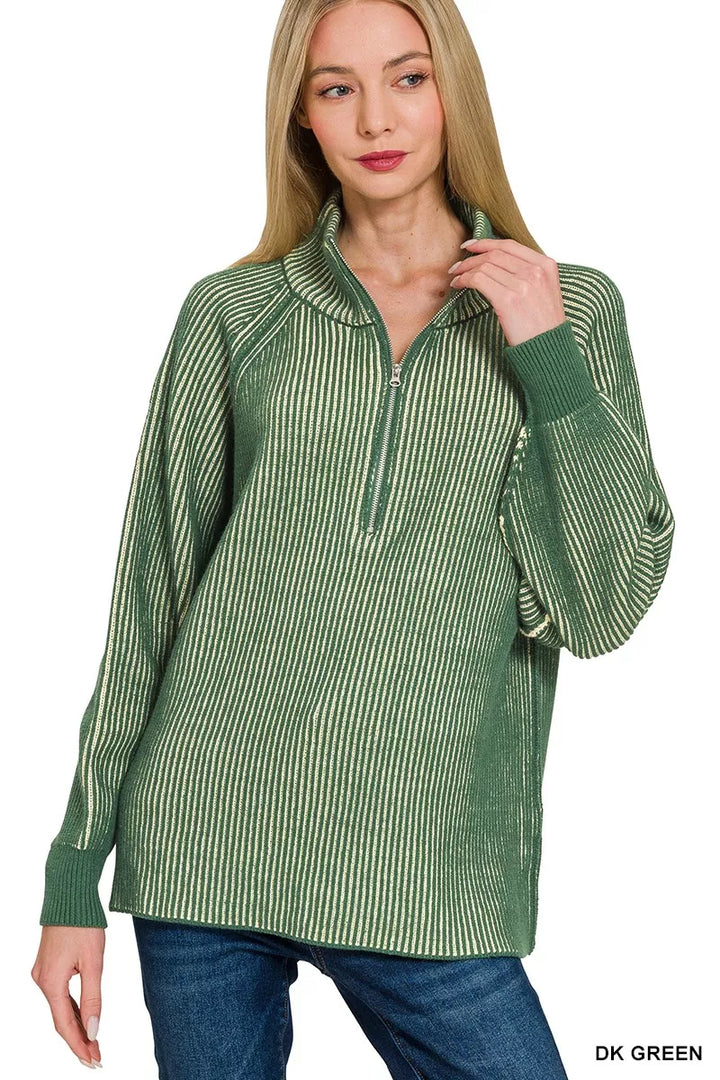 Zenana Ribbed Two Tone Half Zip Sweater