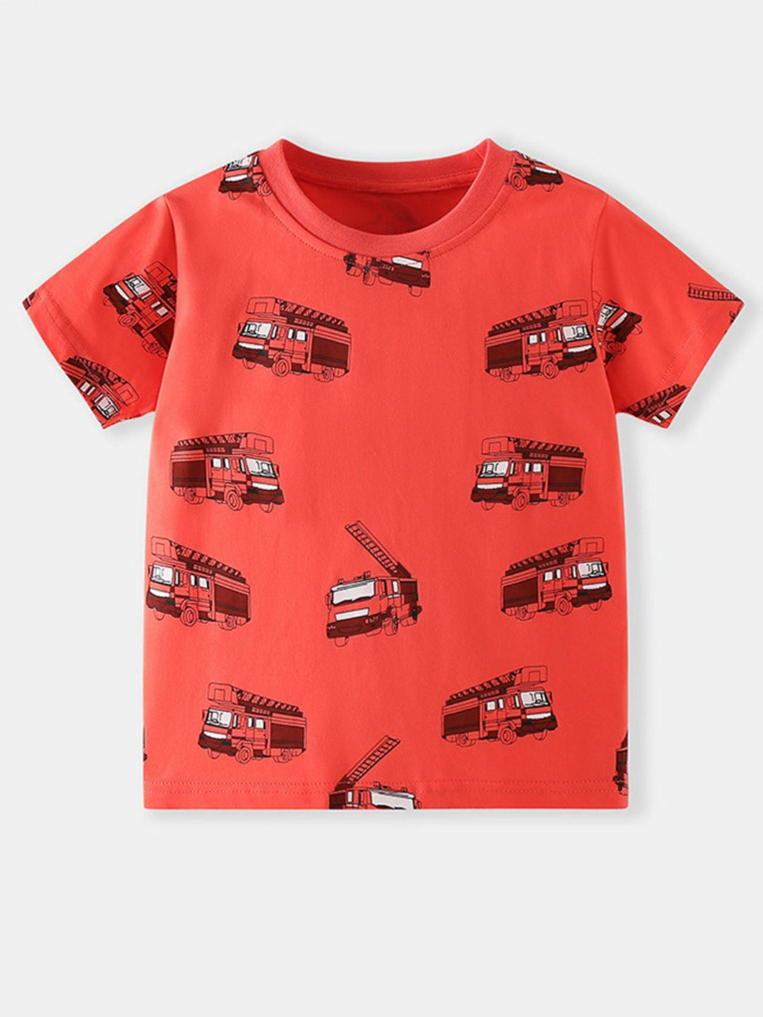 Children's Fire Truck Print Crew Neck Short Sleeve T-Shirt