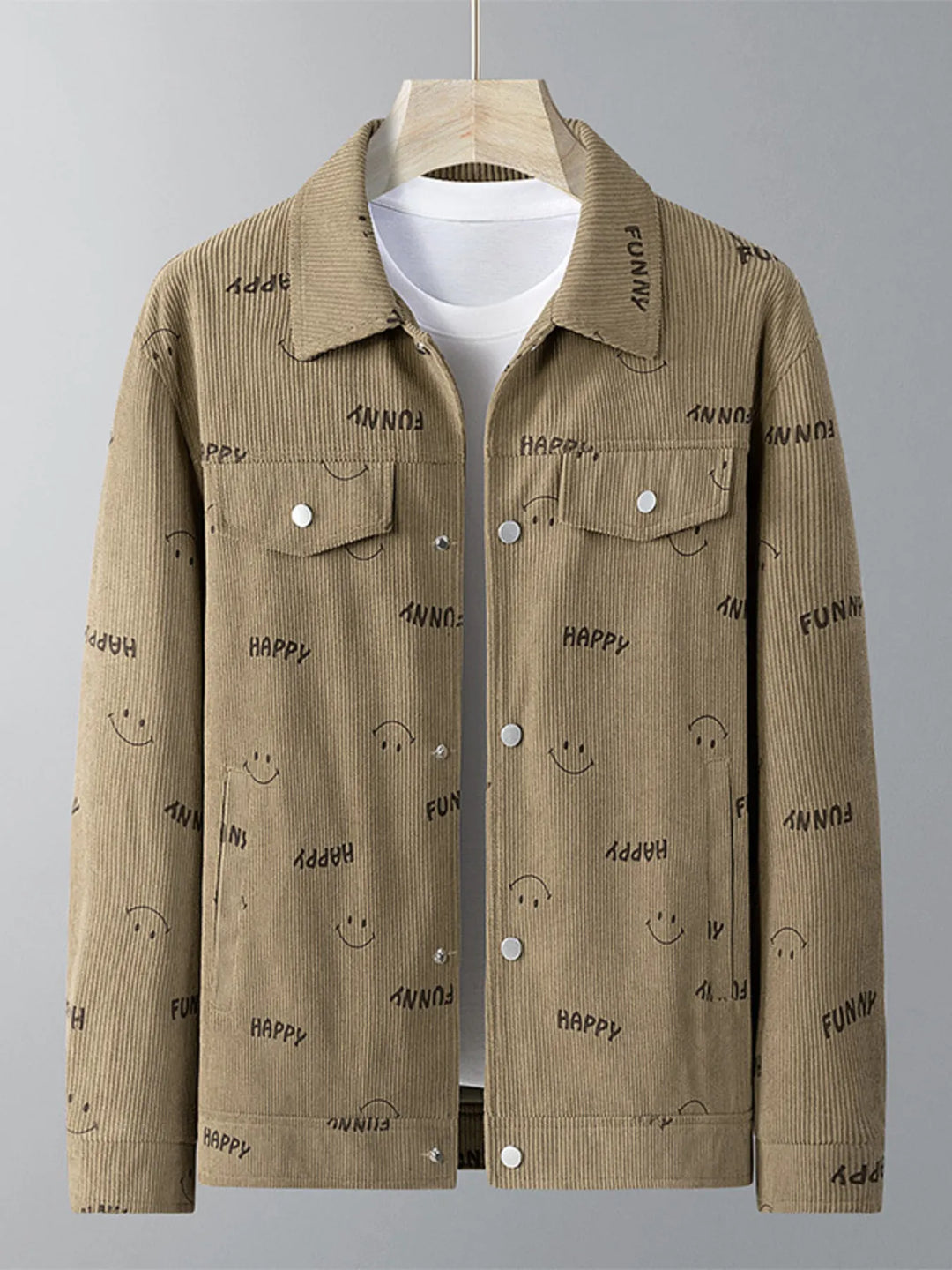 Men's Plus Size Smiley Face Print Snap Down Casual Jacket