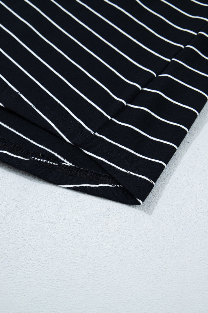 Black Stripe Drawstring Tunic Tank Mini Dress with Pockets