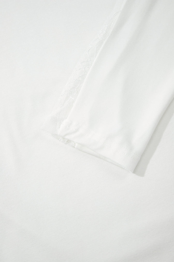 White Lace Patchwork Round Neck Casual Long Sleeve Top