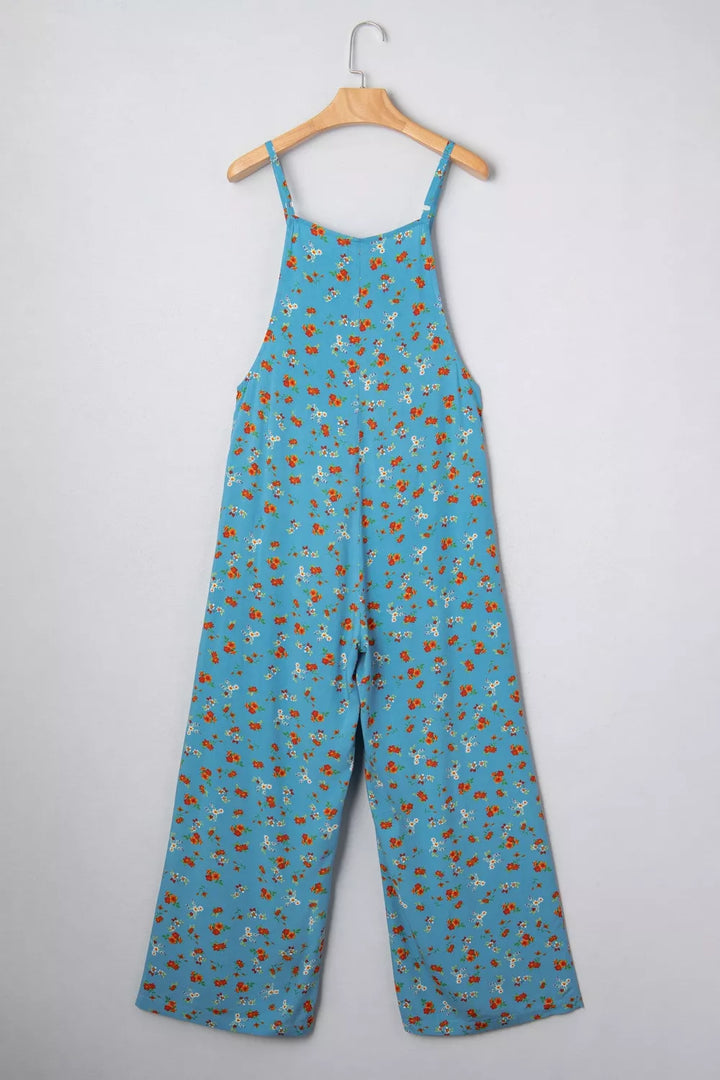 Floral Print Spaghetti Straps Loose Pocketed Jumpsuit