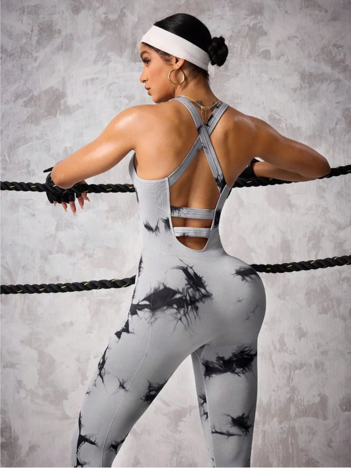 Back Crisscross Tie-Dye Scoop Neck Active Jumpsuit