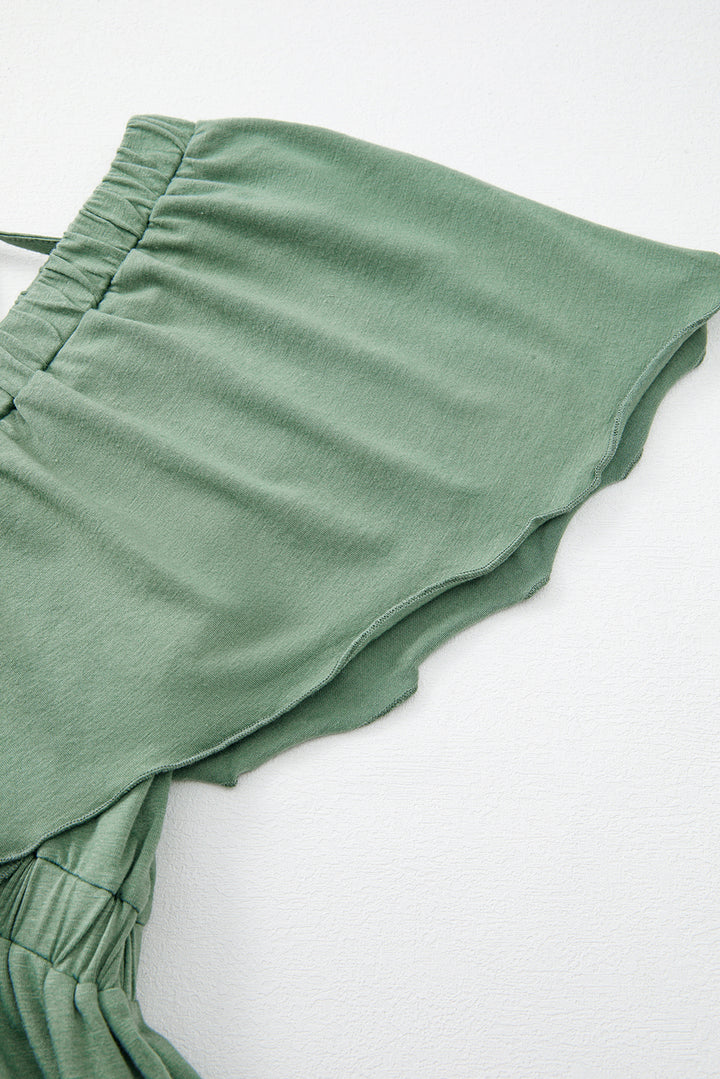 Grass Green Textured V Neck Flutter Sleeve Ruffled Maxi Dress