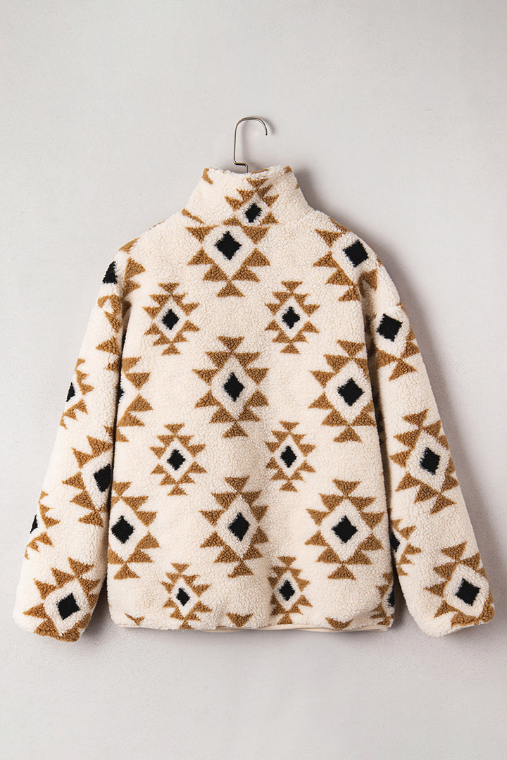 Khaki Aztec Print Sherpa Quarter Zip Collar Sweatshirt