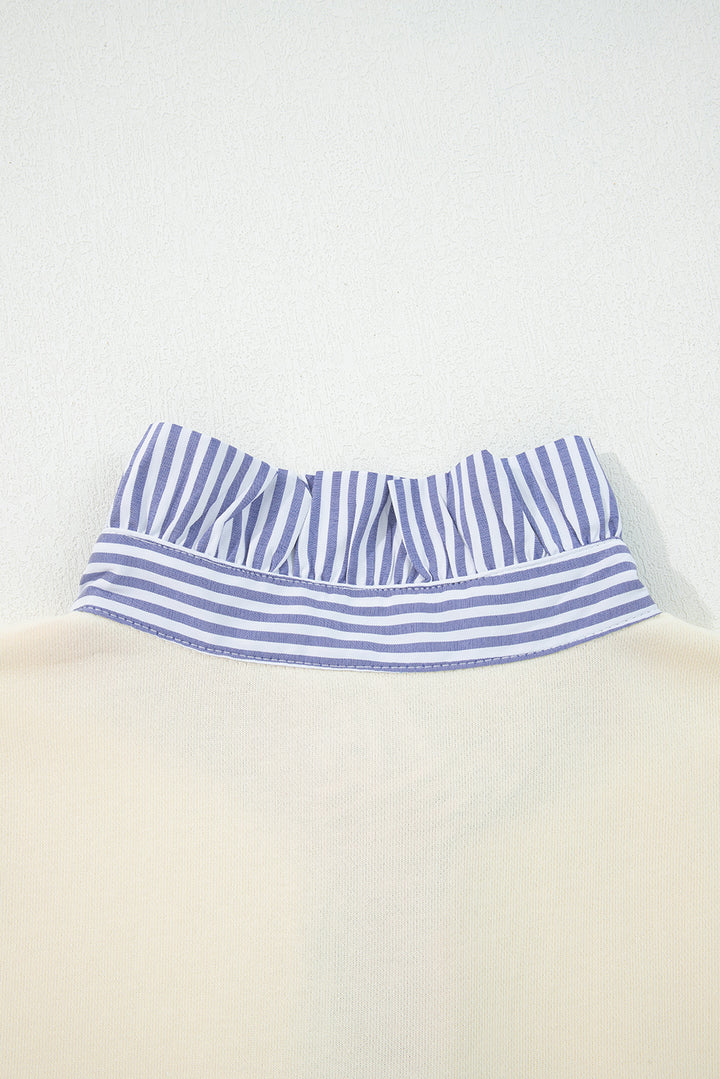 White Button Striped Collar Patchwork Puff Sleeve Sweatshirt