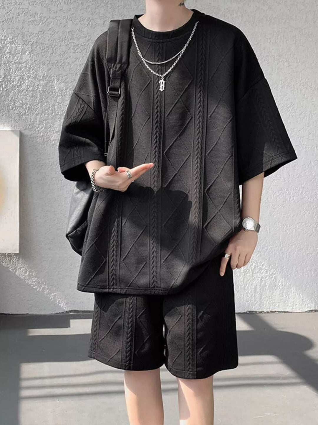 Men's Plus Size Textured Relaxed Fit Top and Shorts Set