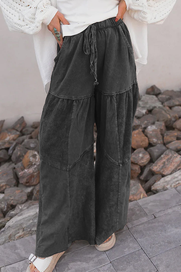 Black Mineral Wash Tiered Wide Leg Patchwork Drawstring Pants