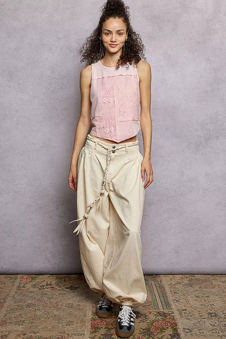 POL Ribbed Round Neck Cropped Tank with Lace Detail