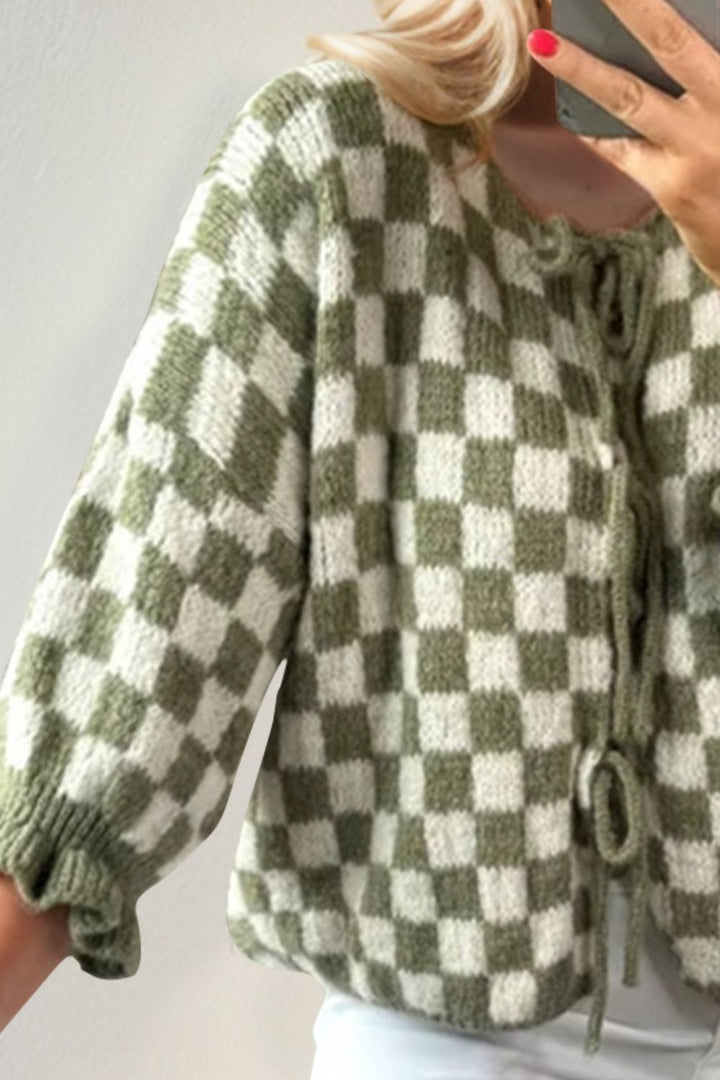 Back To School Sweater - Double Take Tied Checkered Dropped Shoulder Flounce Sleeve Cardigan