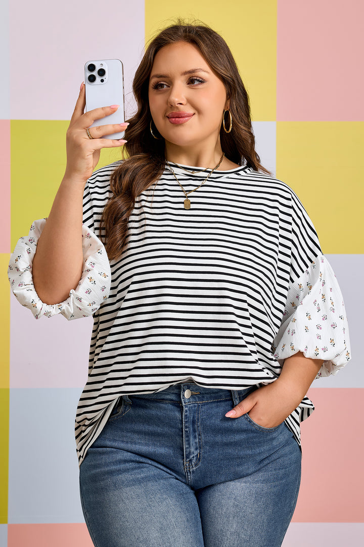 Black Stripe Plus Size Striped Short Sleeve Top with Floral Puff Sleeves