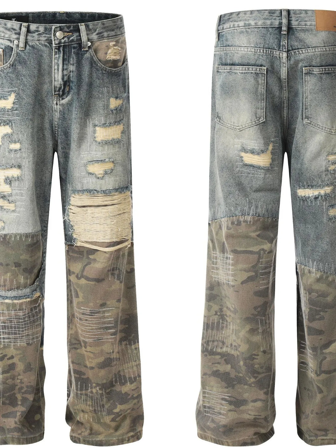 Men's Distressed Camouflage Patchwork Jeans