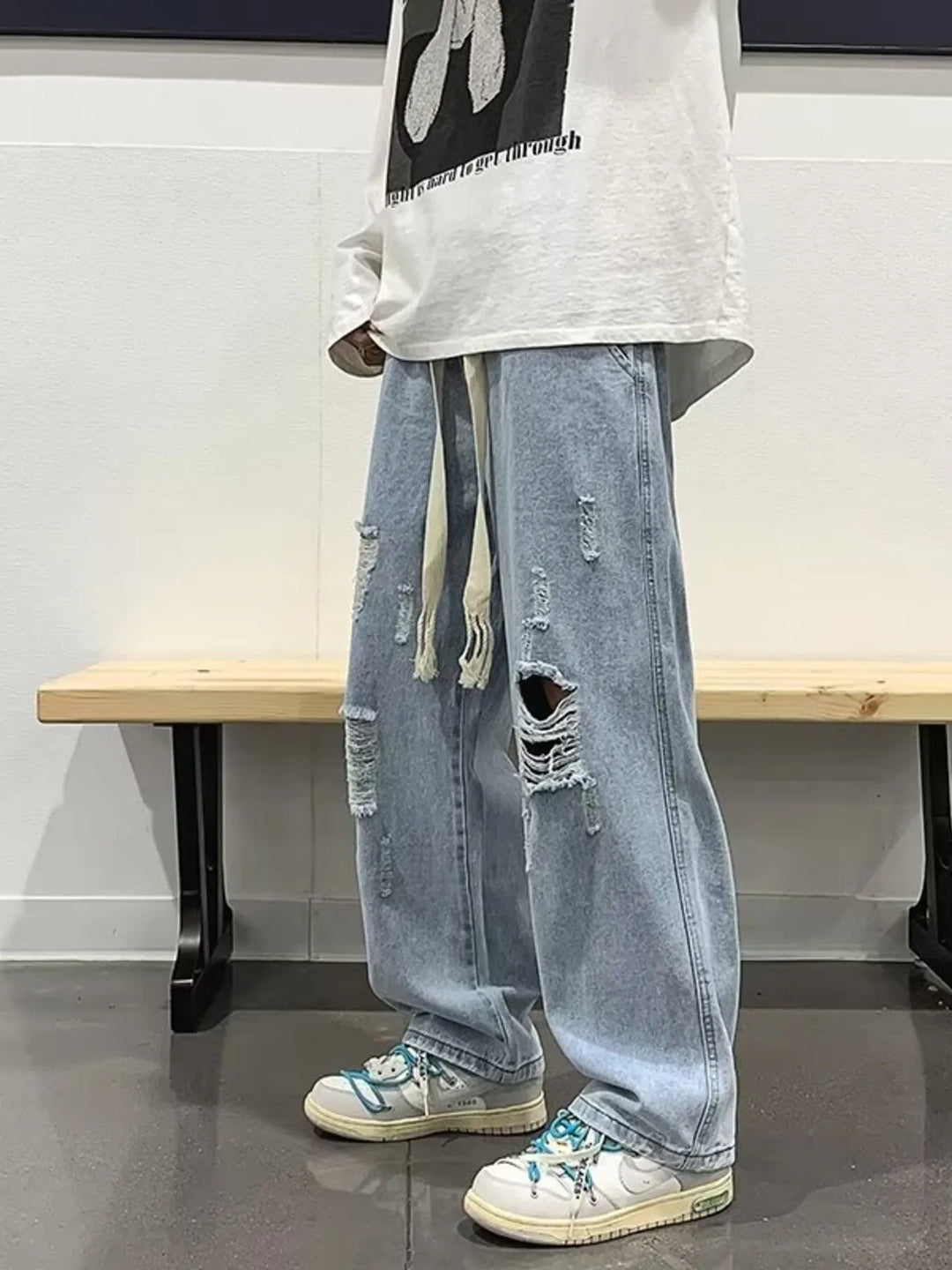 Men's Full Size Distressed Wide Leg Jeans Plus Size