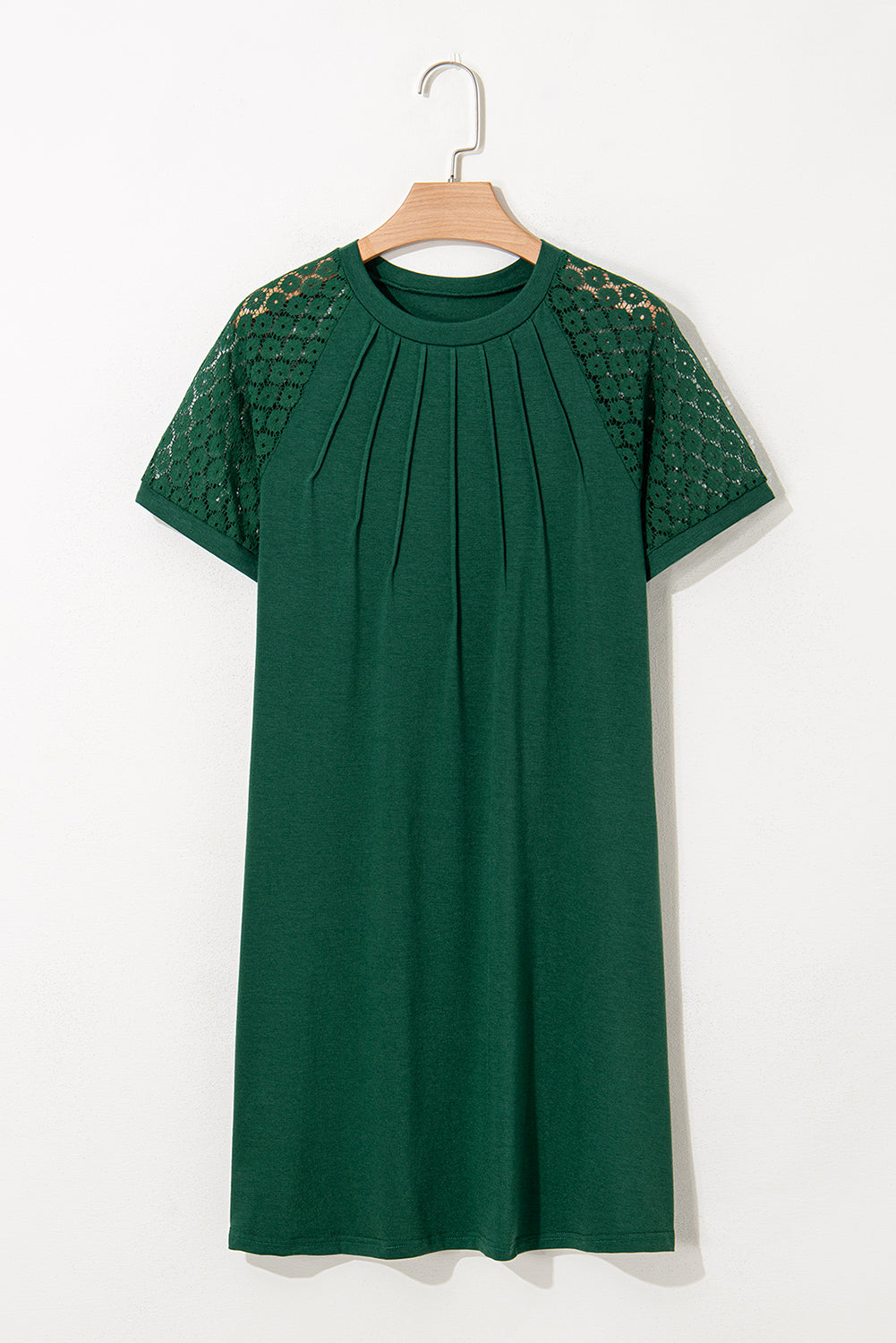 Green Contrast Lace Raglan Sleeve Pleated Detail Shift Dress
