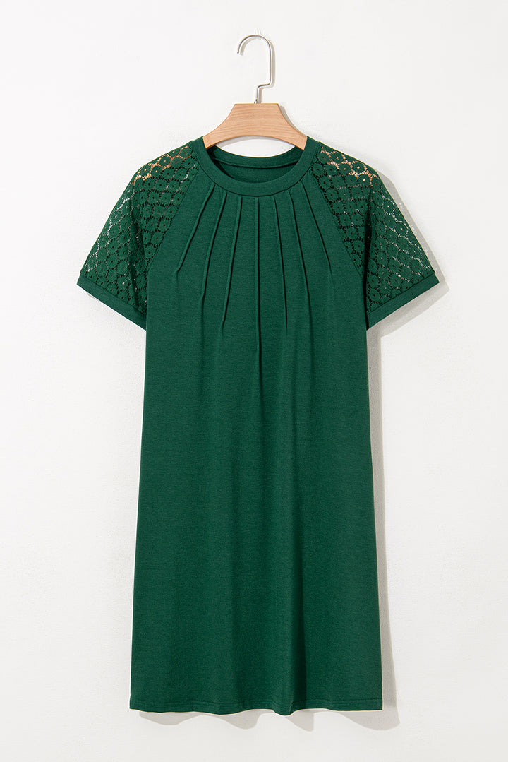 Green Contrast Lace Raglan Sleeve Pleated Detail Shift Dress