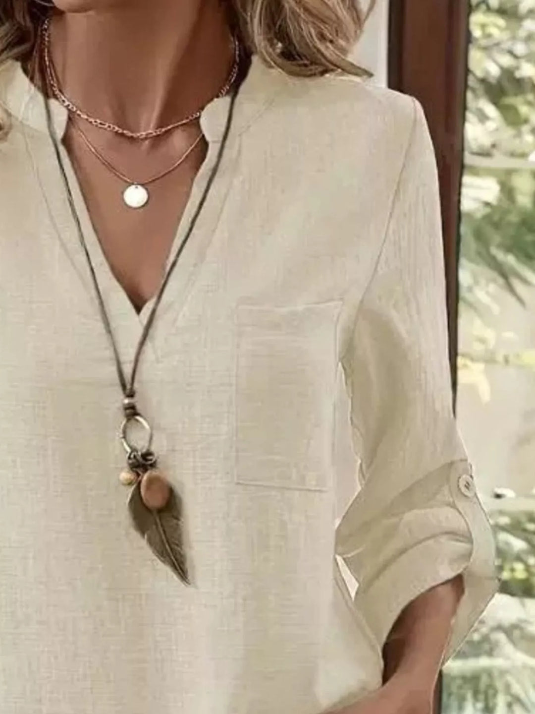 Roll-Up Sleeve Notched Blouse