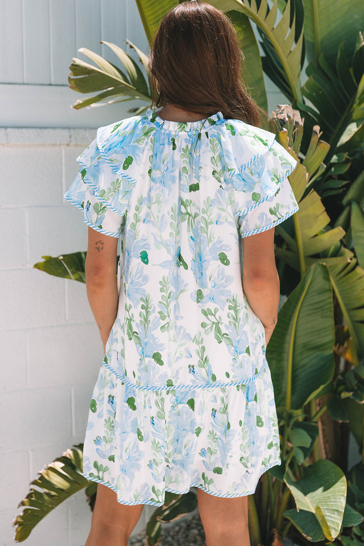 Mini-robe à manches courtes superposées et à bordures contrastées bleu ciel