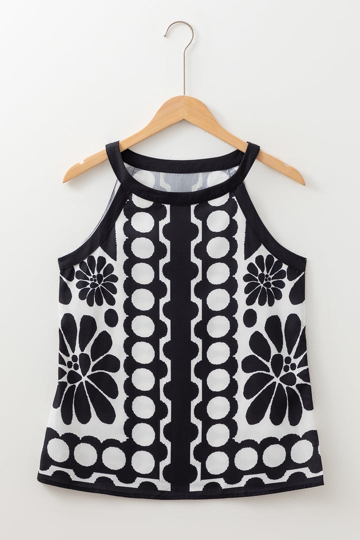 Black Abstract Dot Flower Print Tank Top