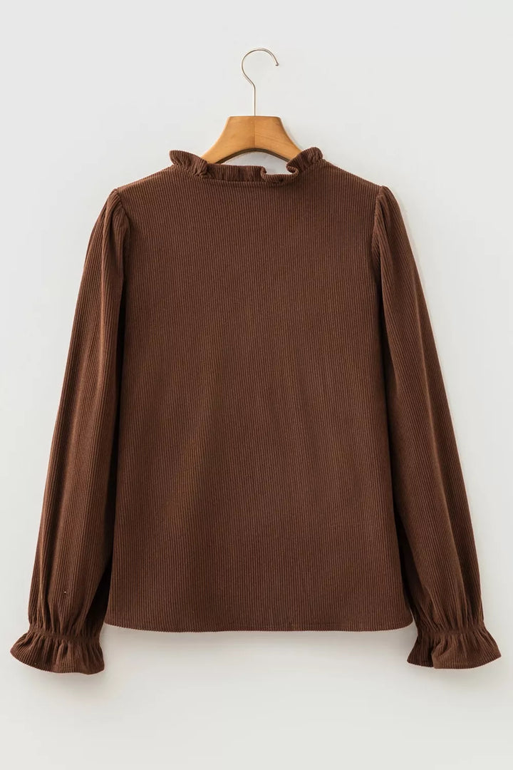 Solid Color Ruffle Trim V Neck Long Sleeve Button Corduroy Shakcet