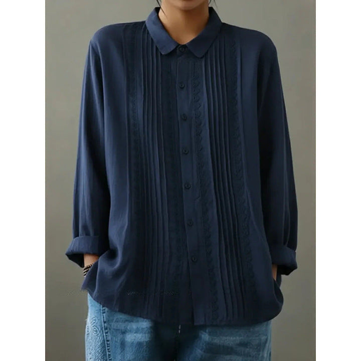Womens Cotton-Linen Long-Sleeve Loose Shirt With Lace Trim