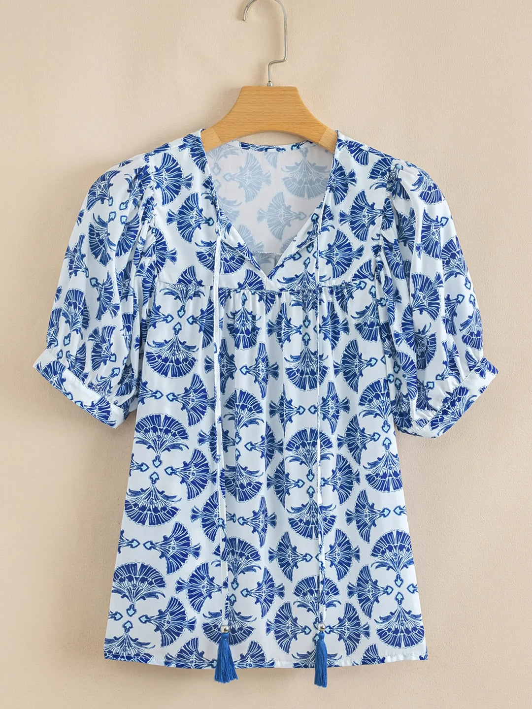 Printed Tassel Tie Neck Blouse