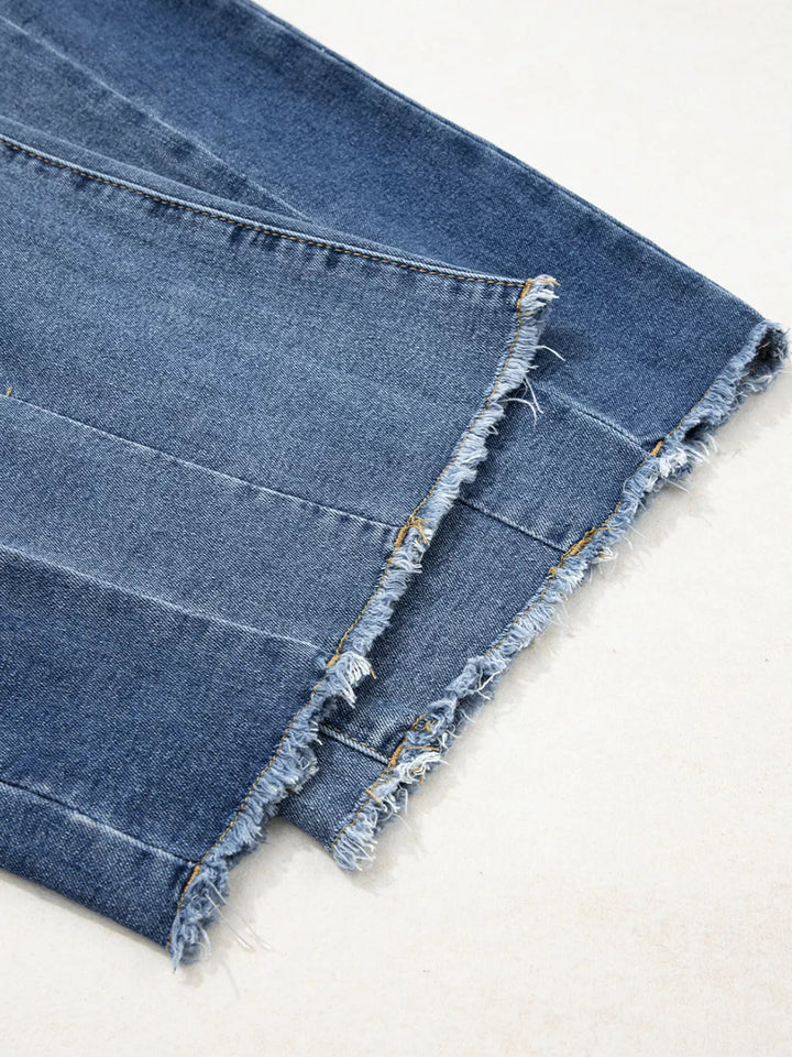 Stitched Raw Hem Wide Leg Loose Jeans