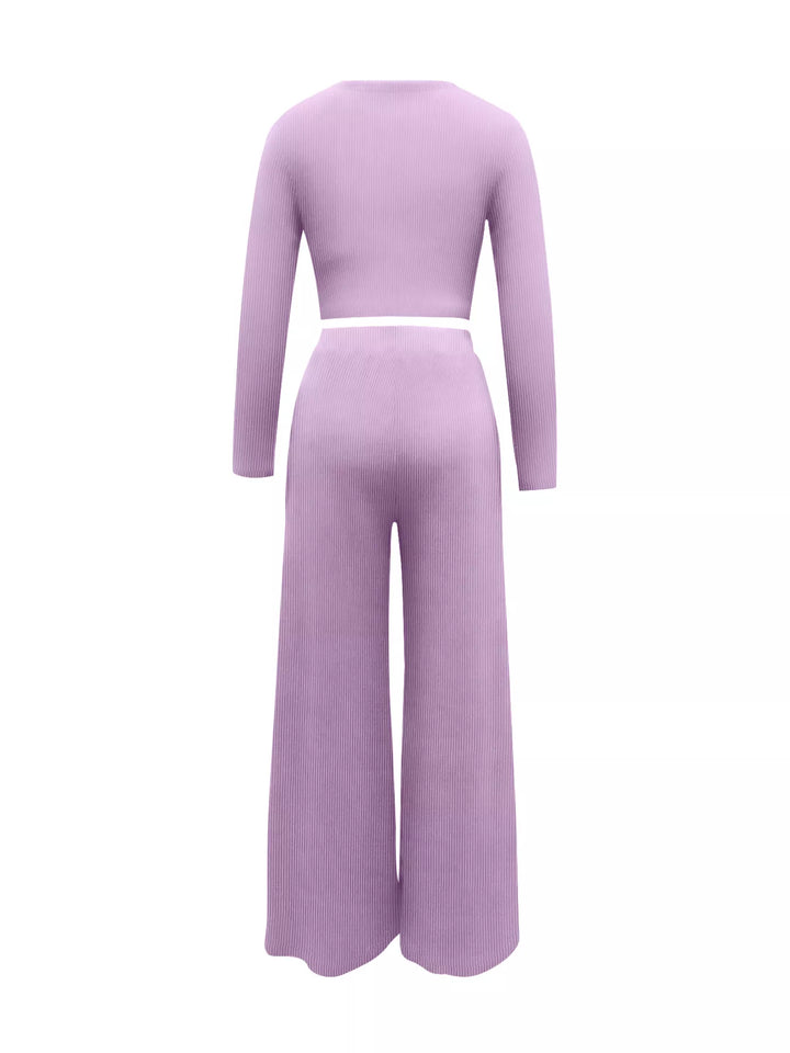 Casual Long Sleeve Crop Top and Wide Leg Pants Set