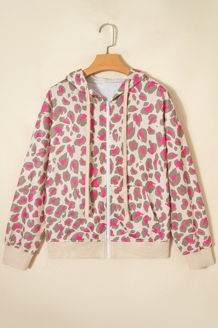 Rose Leopard Print Zip-up Hooded Sweatshirt