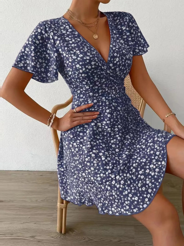 Floral Flutter Sleeve Wrap Mini Dress