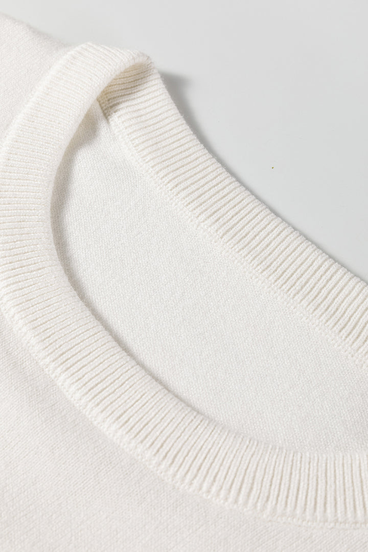 White Button Split Cuffs Round Neck Slim Sweater