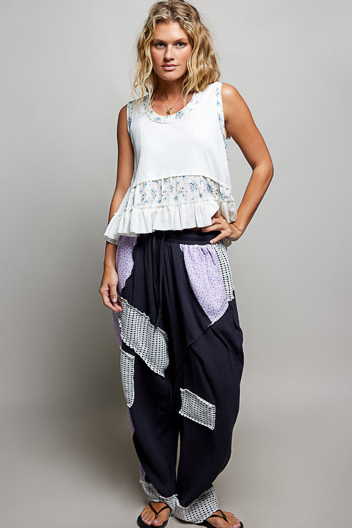 POL Floral Print Patche Round Neck Ribbed Tank with Double Gauze Ruffle Accents